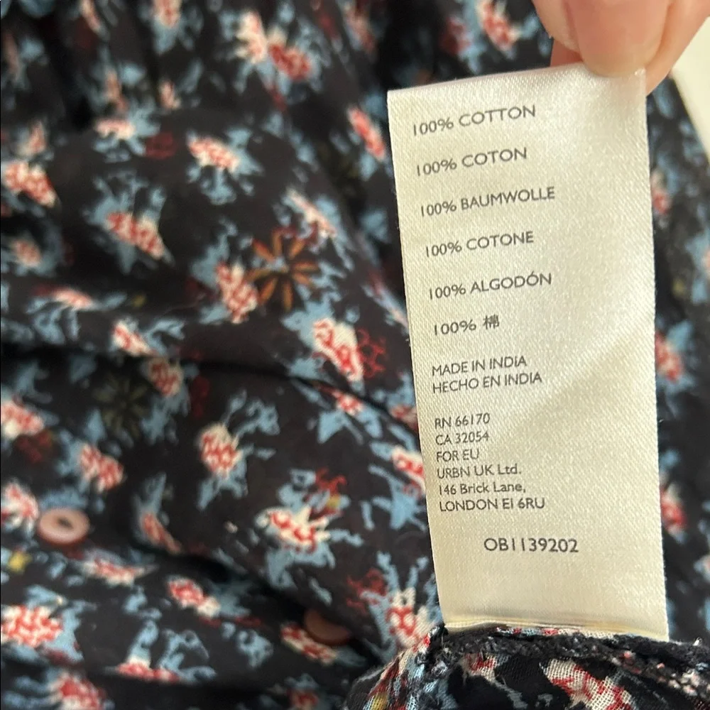 Free People Black Floral Ruffle Button-Front Blouse with Blue Trim - Picture 9 of 9